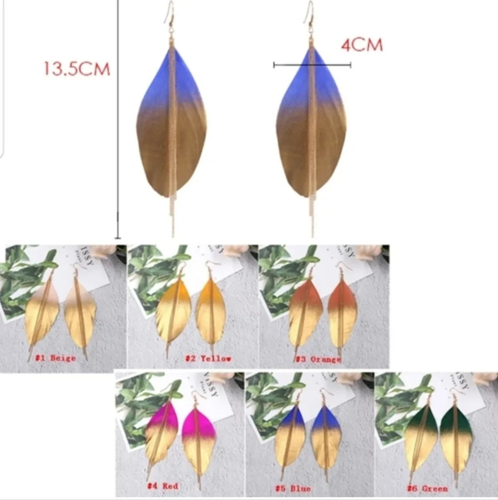 Exotic Feather Dipped in Gold Long Earrings - Picture 3 of 4